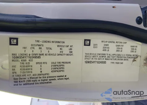 2001 Cadillac Seville Sls W/Tx7 z USA, uszkodzony, nr VIN 1G6KS54Y71U249585